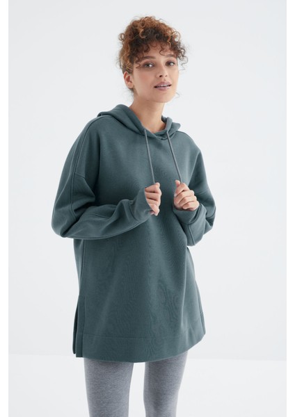 Orman Yeşili Reglan Kol Basic Kapüşonlu Oversize Tunik - 97242