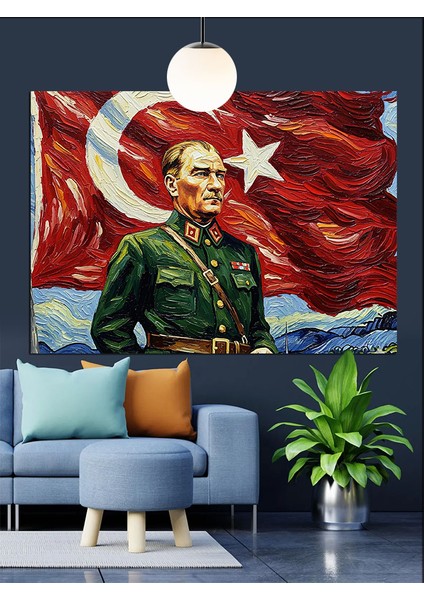 Atatürk Bayrak Portre Dekoratif Kanvas - Mdf Ahşap Tablo