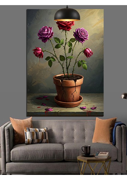 Saksıda Üç Gül Dekoratif Kanvas - Mdf Ahşap Tablo