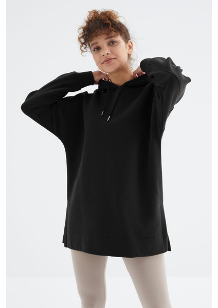 Siyah Reglan Kol Basic Kapüşonlu Oversize Tunik - 97242