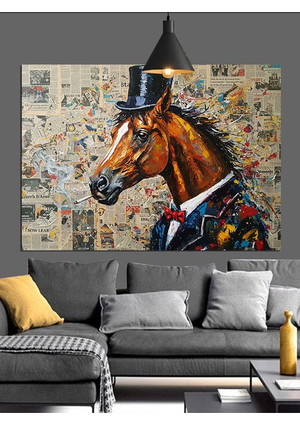 Silindir Şapkalı At Portresi Dekoratif Kanvas - Mdf Ahşap Tablo