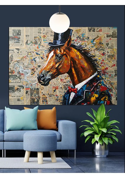 Silindir Şapkalı At Portresi Dekoratif Kanvas - Mdf Ahşap Tablo fırsatları