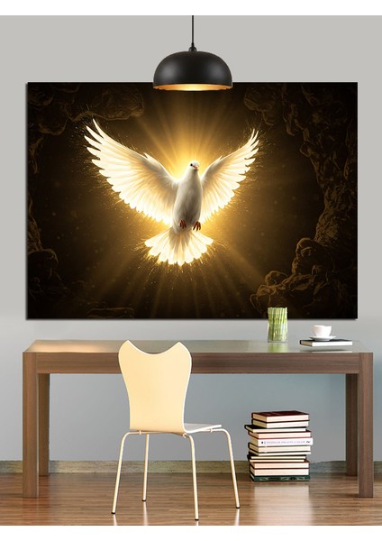 Altın Işıklı Beyaz Güvercin Dekoratif Kanvas - Mdf Ahşap Tablo