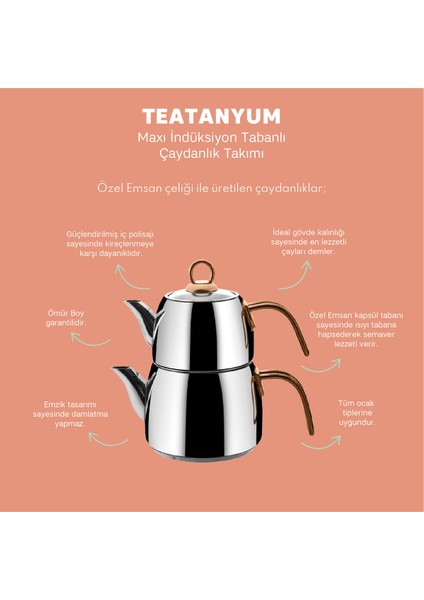 Çaydanlık Takımı 18/10 Paslanmaz Çelik İndüksiyon Tabanlı Kendinden Süzgeçli 1.2+2.5 Lt Gümüş indirimleri