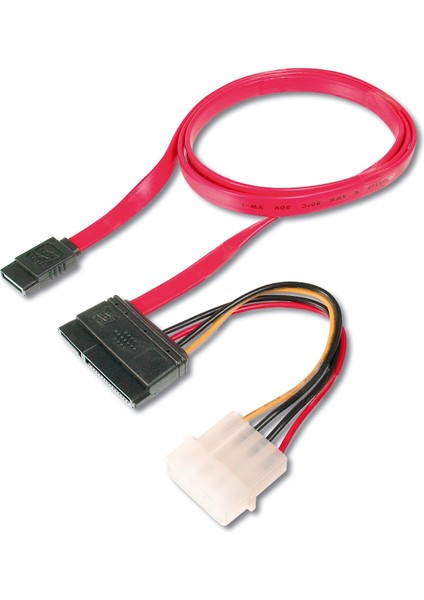 Sata Kablosu, Sata Iı/ııı, Sata 22 Pin Dişi Konnektör - Sata 7 Pin L Tip Dişi Konnektör + 4 Pin Erkek Güç Konnektörü, Yassı Kablo Tipi, 0.50 Metre, AWG28, Zırhsız, Kırmızı Renk