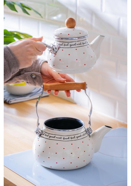Feel Good Emaye Çaydanlık Takımı Bej Kırmızı Puantiyeli İndüksiyon Tabanlı 850 ml 2 L