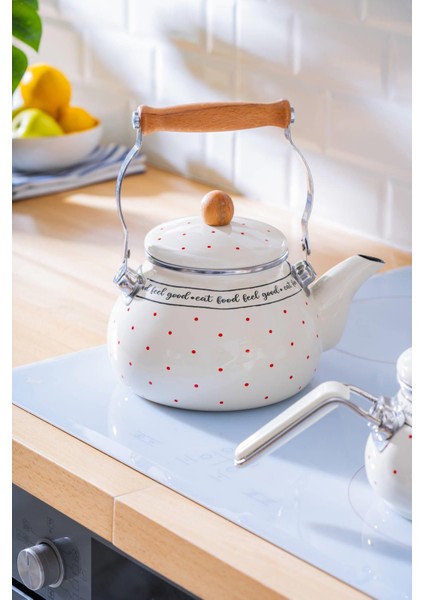 Feel Good Emaye Çaydanlık Takımı Bej Kırmızı Puantiyeli İndüksiyon Tabanlı 850 ml 2 L