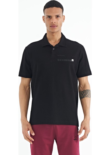 Siyah Yazı Baskılı Standart Form Polo Yaka Erkek T-shirt - 88236