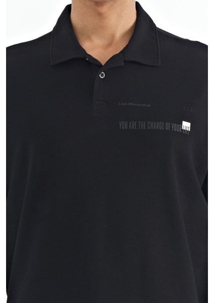 Siyah Yazı Baskılı Standart Form Polo Yaka Erkek T-shirt - 88236