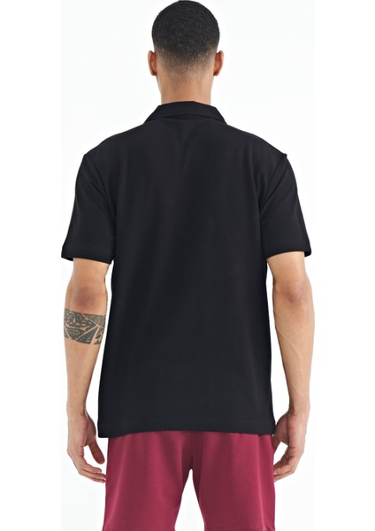 Siyah Yazı Baskılı Standart Form Polo Yaka Erkek T-shirt - 88236