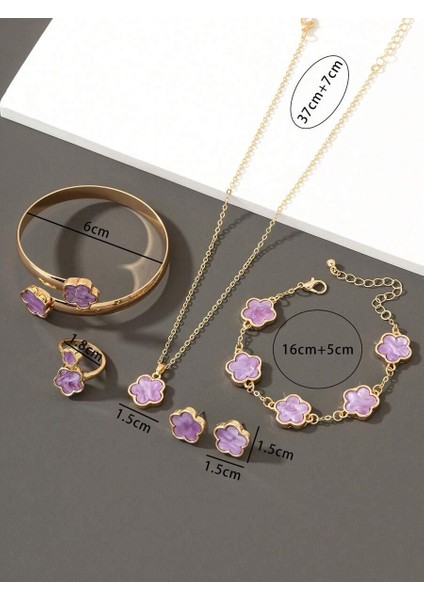 5'li Set, Yaz Çiçeği ve Yonca Kolye, Küpe, Bileklik, Yüzük, Kadınlar Için Mor Renkli Aksesuar Takımı fiyatları
