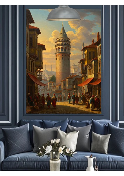 Tarihi Galata Kulesi ve Sokak Dekoratif Kanvas - Mdf Ahşap Tablo