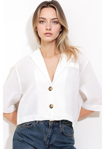 Kadın BDART Dokulu Kısa Ceket, Gömlek Yaka ile White indirimleri