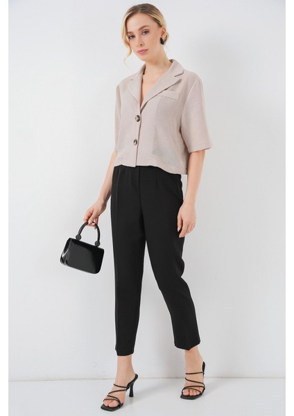 Kadın BDART Dokulu Kısa Ceket, Gömlek Yaka ile Natural