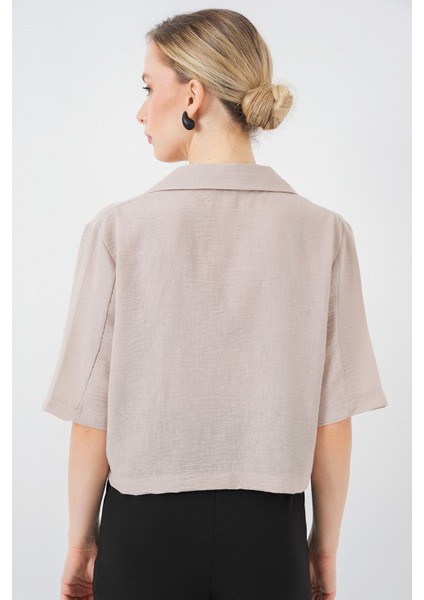 Kadın BDART Dokulu Kısa Ceket, Gömlek Yaka ile Natural