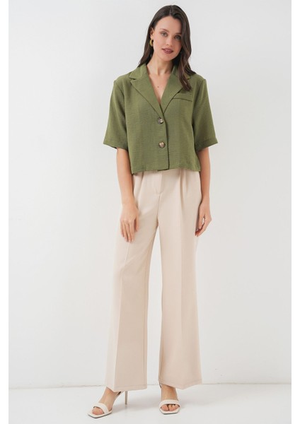 Kadın BDART Dokulu Kısa Ceket, Gömlek Yaka ile Green