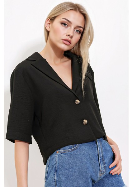 Kadın BDART Dokulu Kısa Ceket, Gömlek Yaka ile Black