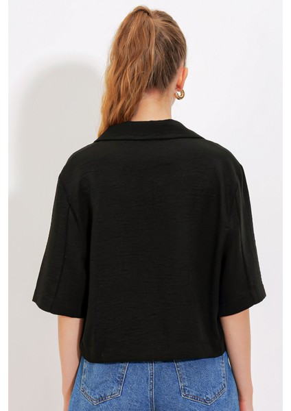 Kadın BDART Dokulu Kısa Ceket, Gömlek Yaka ile Black