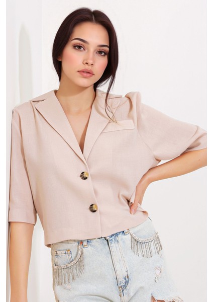 Kadın BDART Dokulu Kısa Ceket, Gömlek Yaka ile Natural