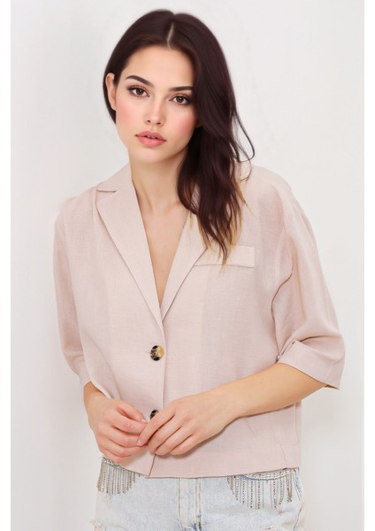 Kadın BDART Dokulu Kısa Ceket, Gömlek Yaka ile Natural