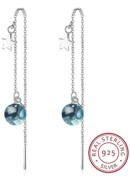Kilinmoli Yeni Moda Kişilik Uzun Püskül 925 Damga Gümüş Renk Takı Mavi Gezegen Topu Kulak Hattı Kristal Yıldız Dangle Küpe SE498 (Yurt Dışından)