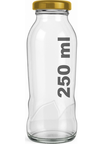 250 ml Dalga Desenli Şeffaf Meyve Suyu, Limonata Şişesi Metal Gold Kapaklı 250 cc Boş Cam Şişe 1 Adet
