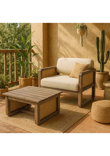 Alaves Hazeran Jüt Çay Seti Ceviz Ahşap,sütlü Kahve (1 Adet Tekli Berjer 1 Adet Sehpa)