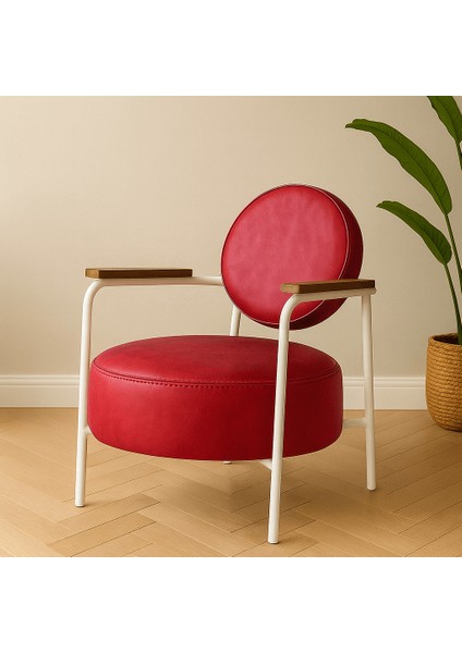 venüs Berjer Modern Tekli Koltuk - Deri Kumaş - Beyaz Metal Iskelet - Kırmızı