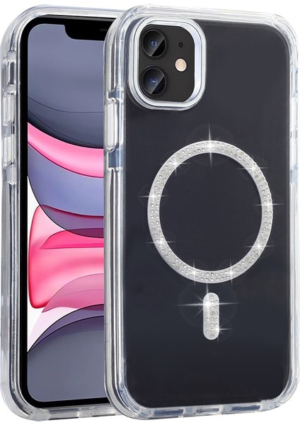 iPhone 11 Kılıf Taşlı Tasarım M-Safe Şarj Özellikli Zore Koment Silikon Kapak - Gümüş
