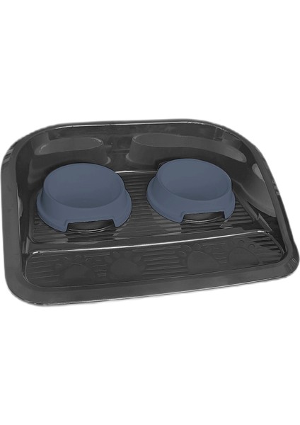 Servis Tepsili Plastik Ikili Kedi Köpek Mama ve Su Kabı 35X46 cm Siyah-Mavi