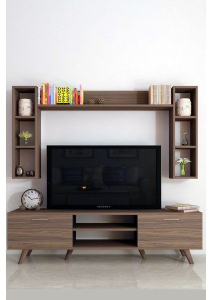 Istanbul Dolaplı TV Ünitesi 18 mm Suntalam Ceviz Desen Alt Modül 180x45x35 Üst Modül 180x90x20 cm modelleri