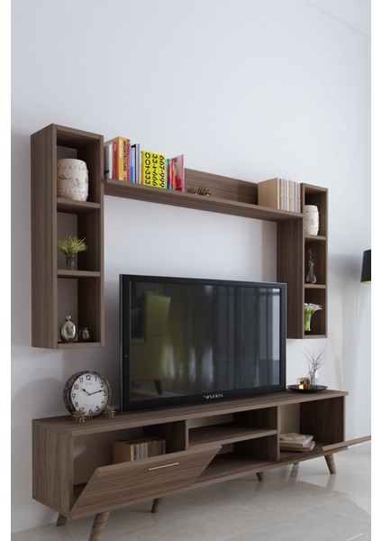 Istanbul Dolaplı TV Ünitesi 18 mm Suntalam Ceviz Desen Alt Modül 180x45x35 Üst Modül 180x90x20 cm fırsatları