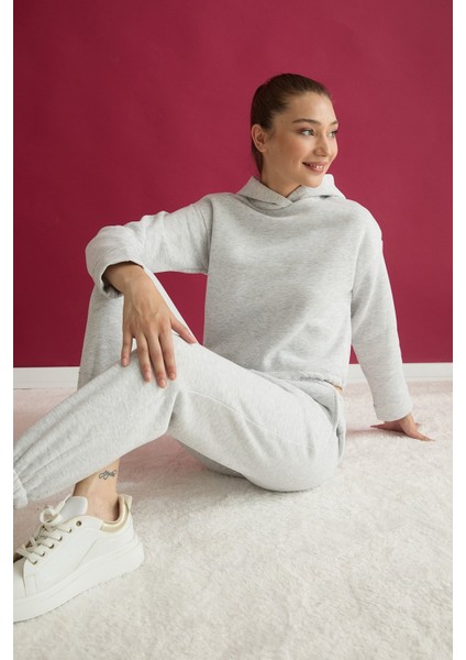 3 Iplik Basic Beli Stoperli Kapüşonlu Jogger Takım