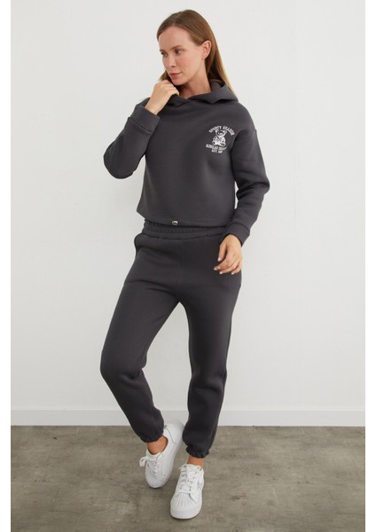 3 Iplik Ayıcık Nakışlı Kapüşonlu Jogger Eşofman Takımı