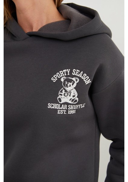 3 Iplik Ayıcık Nakışlı Kapüşonlu Jogger Eşofman Takımı