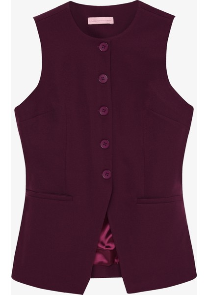 Düğmeli V Kesim Kolsuz Yelek Mürdüm