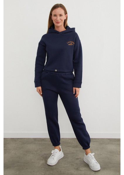 3 Iplik California Nakışlı Kapüşonlu Jogger Takım