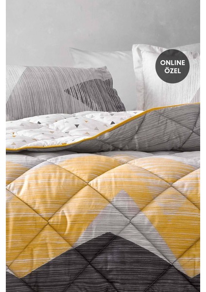 Bedding Çift Kişilik Uyku Seti %100 Pamuk 195x215 cm Gri Sarı Soyut Geometrik Çift Taraflı