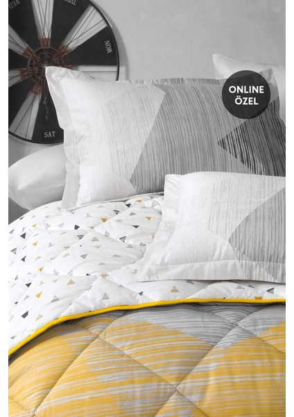 Bedding Çift Kişilik Uyku Seti %100 Pamuk 195x215 cm Gri Sarı Soyut Geometrik Çift Taraflı
