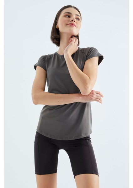 Koyu Gri Sırt Pencereli Kısa Kol Standart Kalıp O Yaka Kadın T-Shirt - 97101