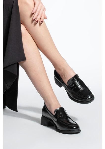 Kadın Loafer Croco Günlük Kalın Topuklu Ayakkabı Nufit Siyah fırsatları