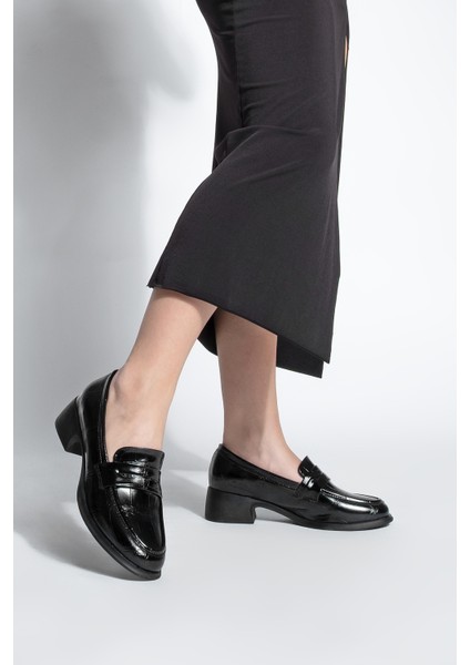 Kadın Loafer Croco Günlük Kalın Topuklu Ayakkabı Nufit Siyah