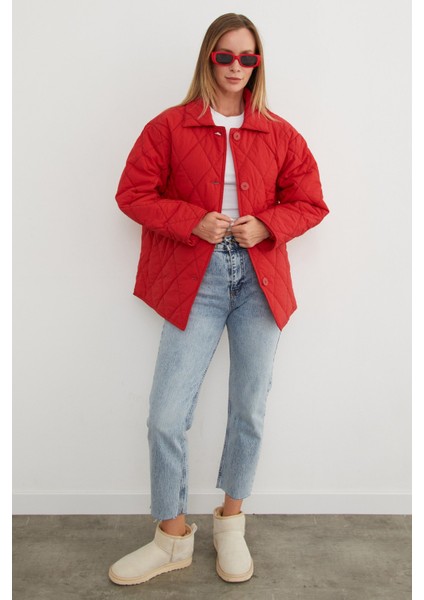 Kapitone Desenli Oversize Düğmeli Mont