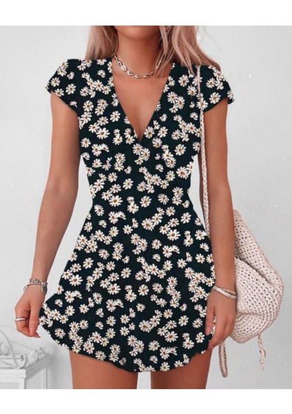 Kadın Kısa Kollu Kruvaze Yaka Papatya Baskılı Krep Elbise fiyatları