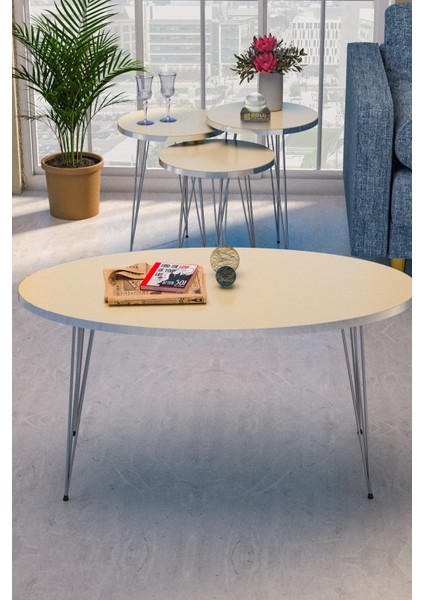 Gold Plated Orta ve Zigon Sehpa Seti Suntalam Üstlü Metal Ayaklı Gümüş Krem 90x50x42 cm Modern Tasarım fırsatları