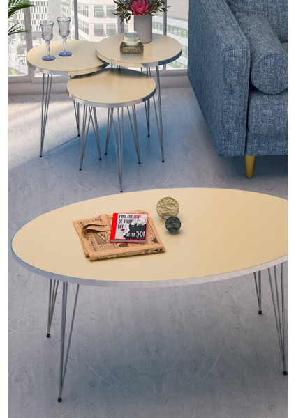 Gold Plated Orta ve Zigon Sehpa Seti Suntalam Üstlü Metal Ayaklı Gümüş Krem 90x50x42 cm Modern Tasarım indirimleri