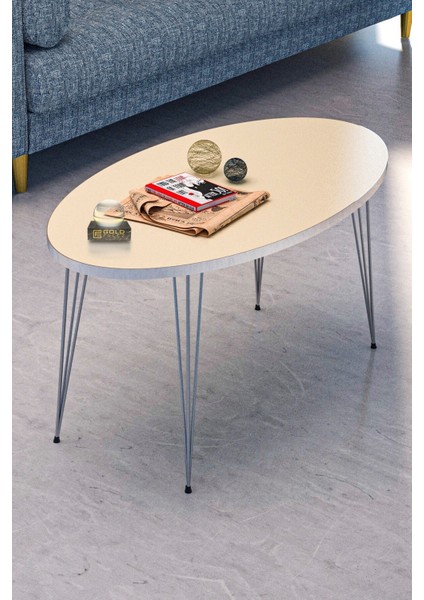 Gold Plated Orta ve Zigon Sehpa Seti Suntalam Üstlü Metal Ayaklı Gümüş Krem 90x50x42 cm Modern Tasarım