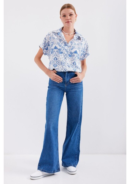 Kadın BDART Çiçek Desenli Kısa Kol Düğmeli Gömlek Koyu Mavi Denim
