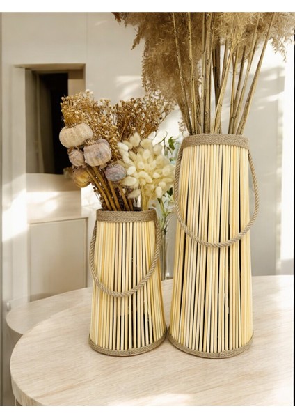 Bohem Stil Bambu Ikili Vazo Seti / Ahşap Pampas Vazo (39-25 Cm)