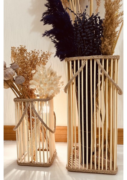 Bohem Stil Bambu Ikili Vazo Seti / Ahşap Pampas Vazo (39-25 Cm)